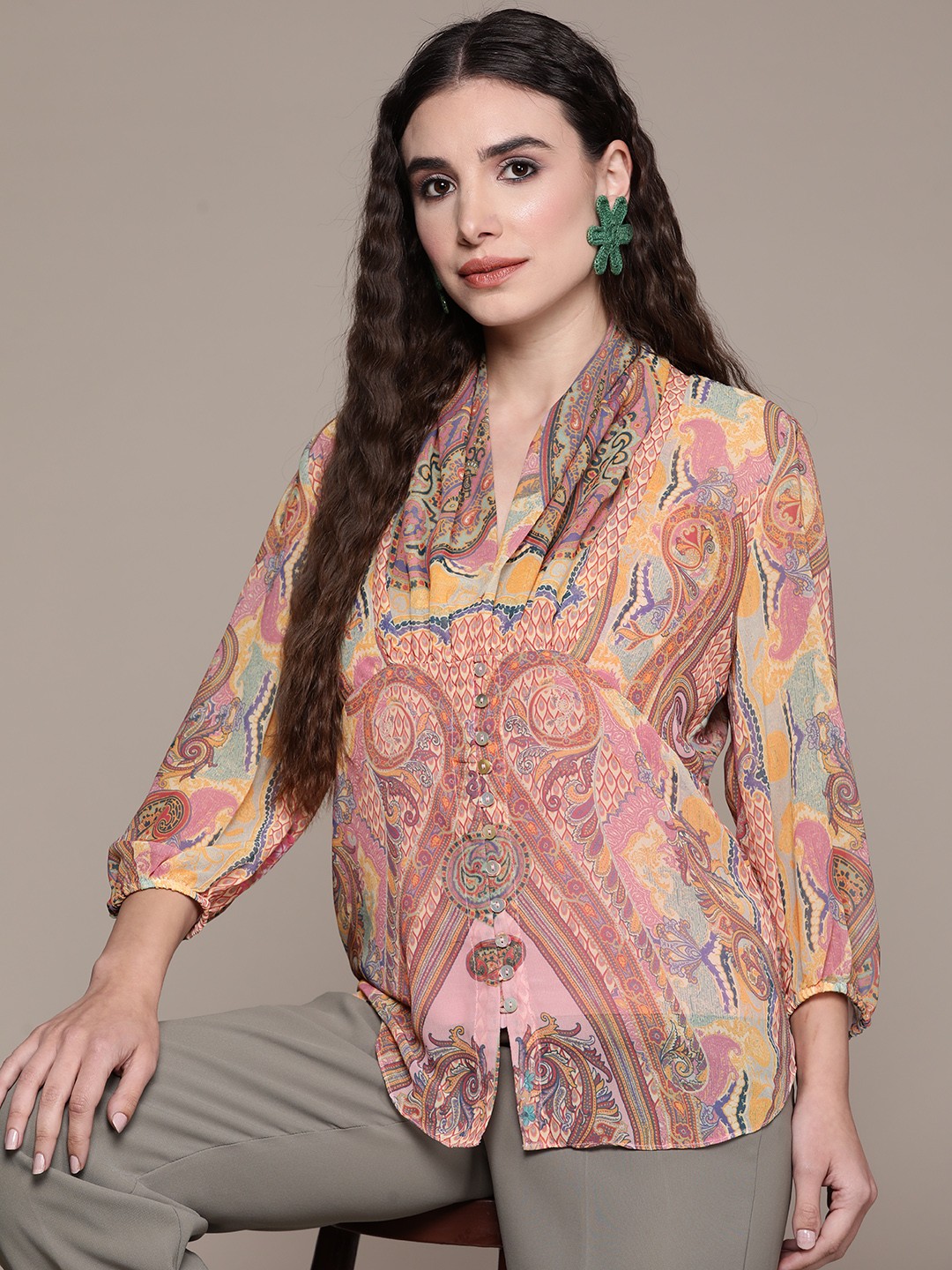 

aarke Ritu Kumar Women Beige & Mustard Yellow Printed Relaxed Casual Shirt with Camisole