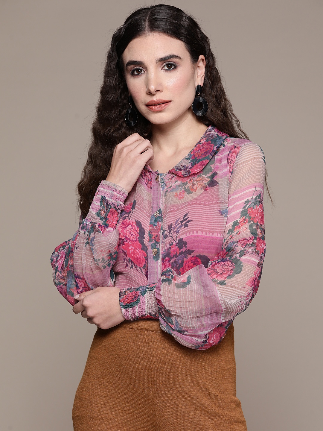 

aarke Ritu Kumar Women Purple Relaxed Floral Printed Casual Shirt with Camisole