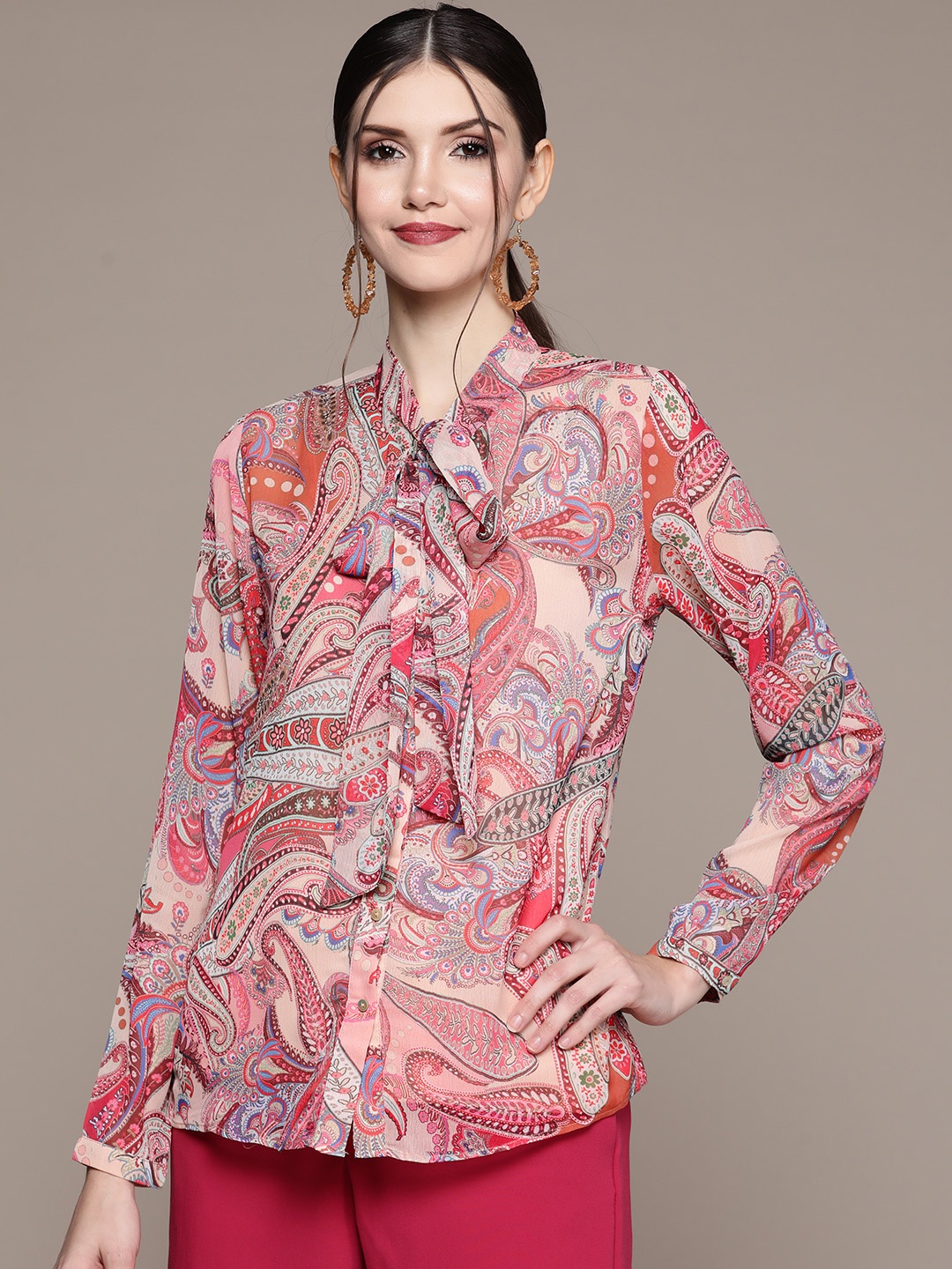 

aarke Ritu Kumar Women Beige & Pink Straight Printed Casual Shirt with Camisole
