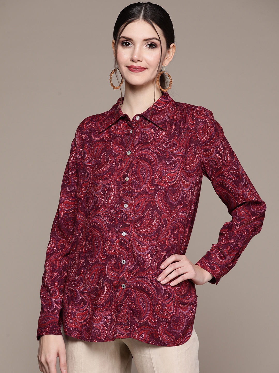 

aarke Ritu Kumar Women Burgundy Relaxed Printed Casual Shirt