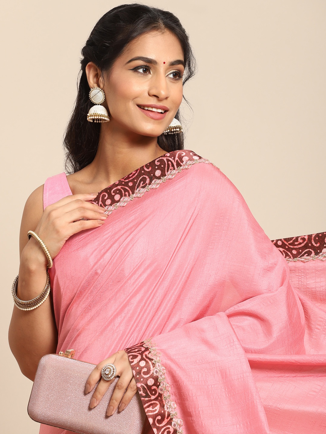 

Nimayaa Pink Solid Zari Saree