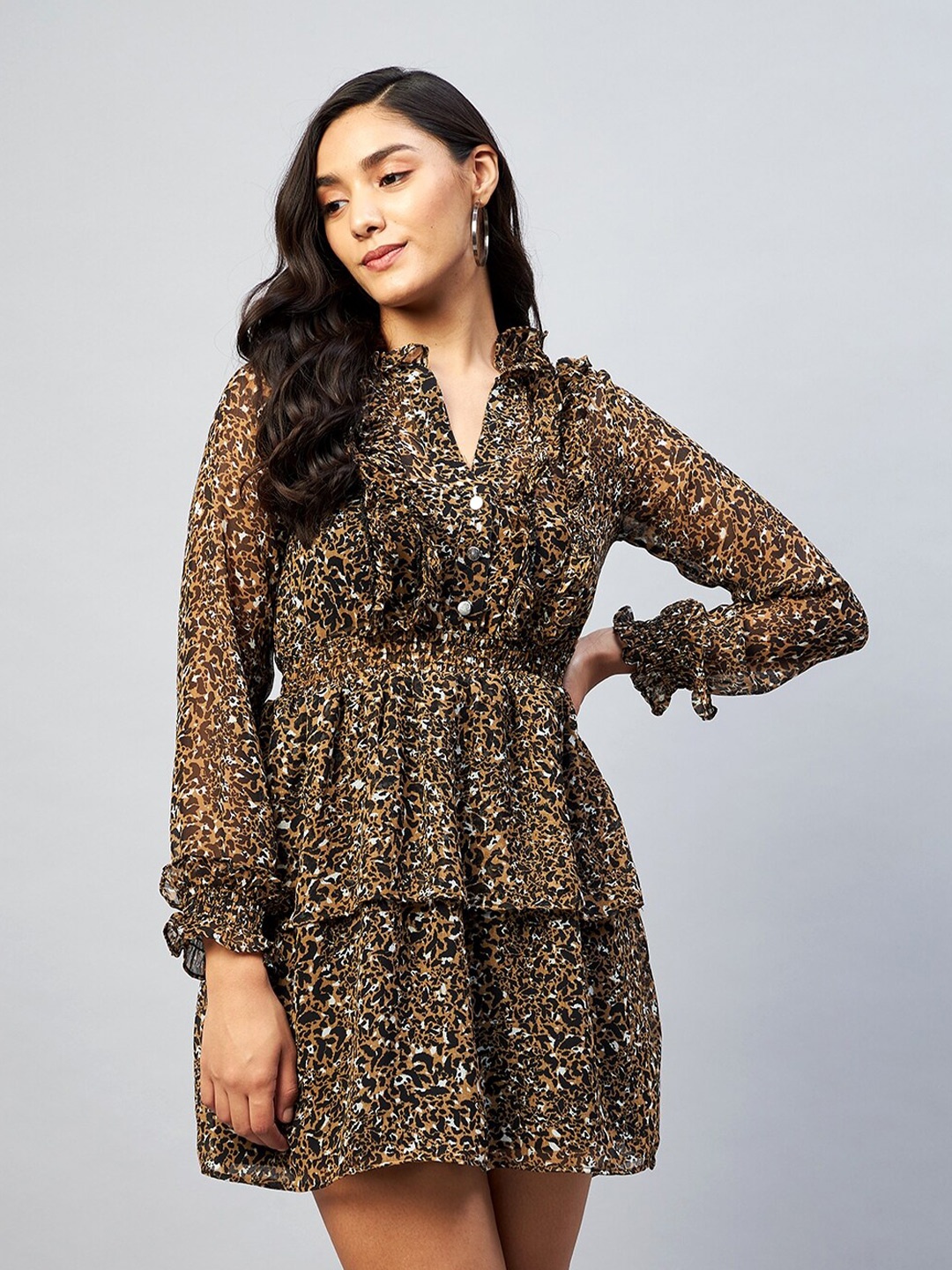

DELAN Brown Animal Tie-Up Neck Georgette Dress
