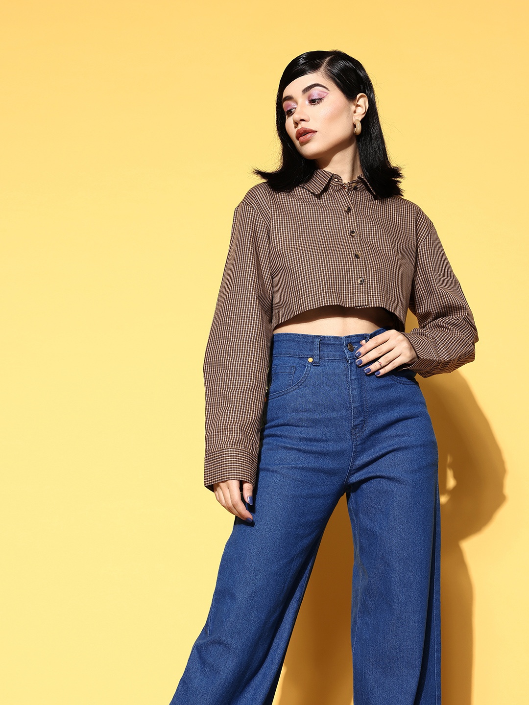 

SASSAFRAS Women Chic Brown Checked Plaid/Printed Super Cropped Shirt