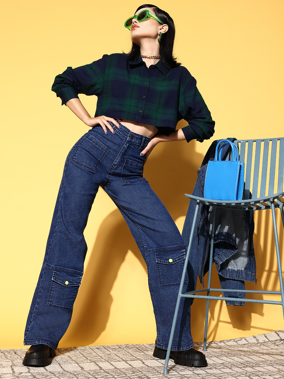 

SASSAFRAS Women Attractive Navy Blue Plaid/Printed Super Cropped Shirt