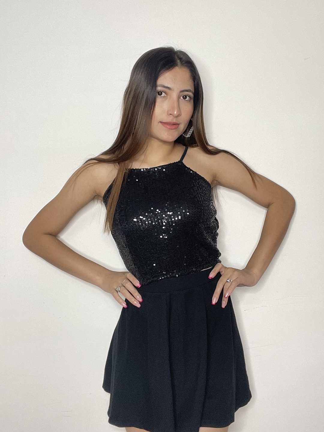 

SASSAFRAS Black Sequin Embellished Net Strappy Crop Top