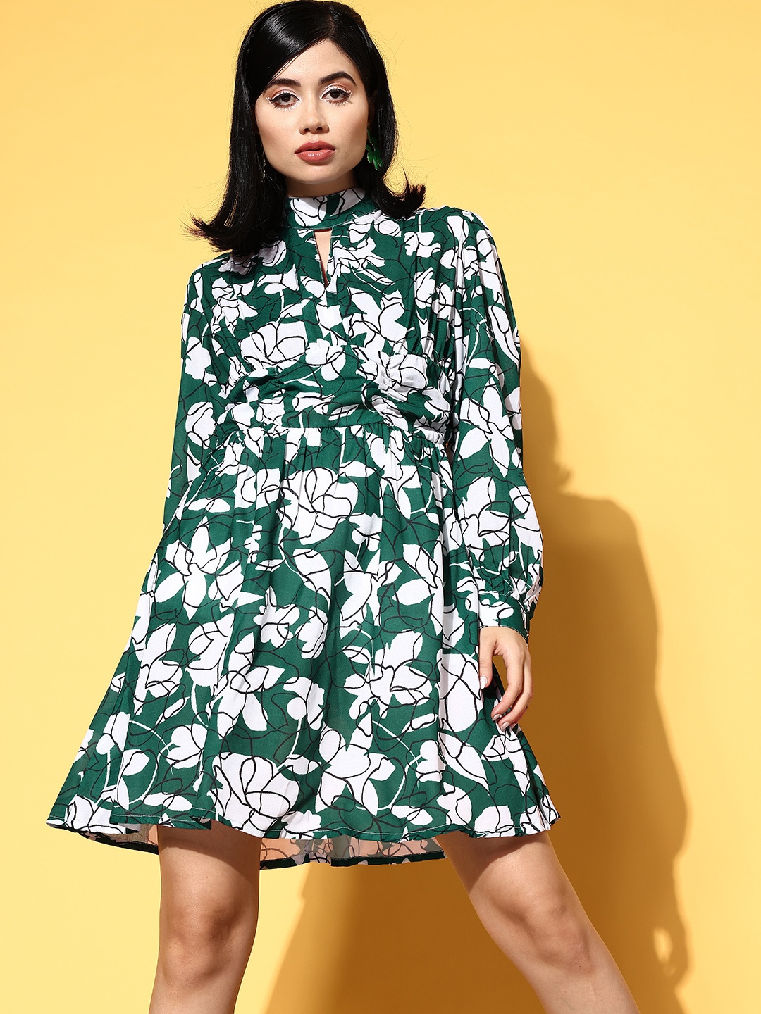 

SASSAFRAS Women Green Floral New Neckline Dress