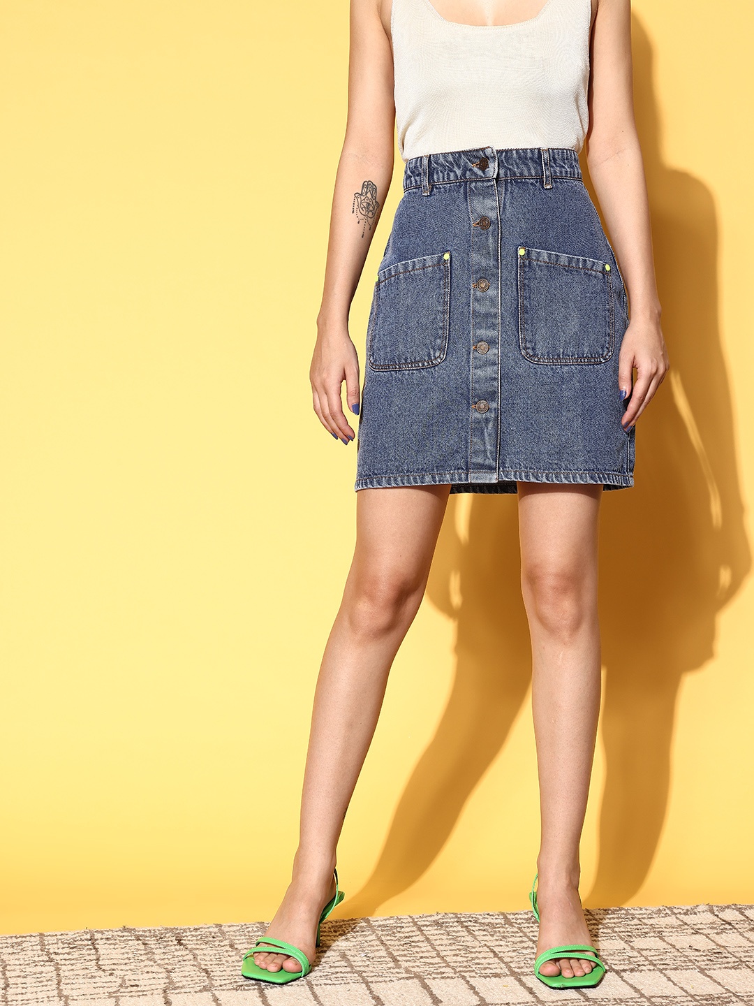 

SASSAFRAS Blue Washed Denim Front Button Pure Cotton Mini Skirt