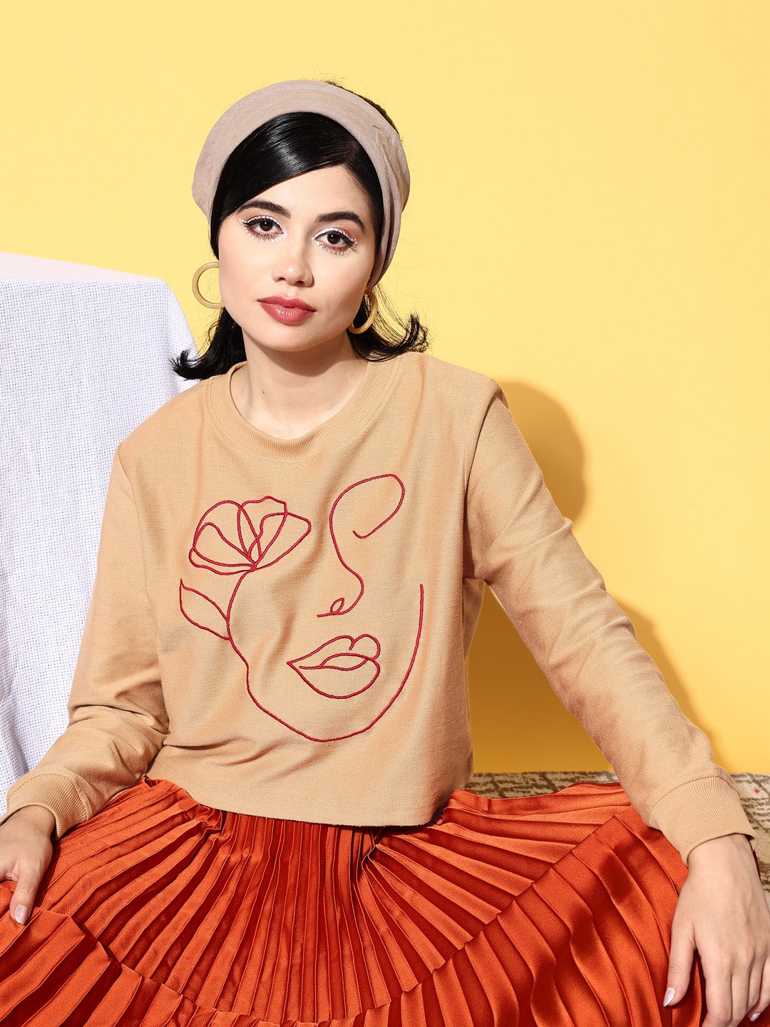 

SASSAFRAS Women Elegant Beige Solid Kidult Kitsch Sweatshirt