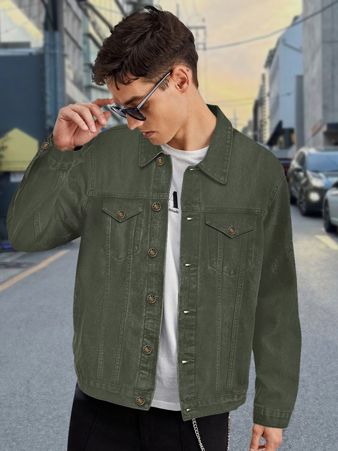

Urbano Fashion Men Regular Fit Washed Full Sleeve Denim Jacket, Olive