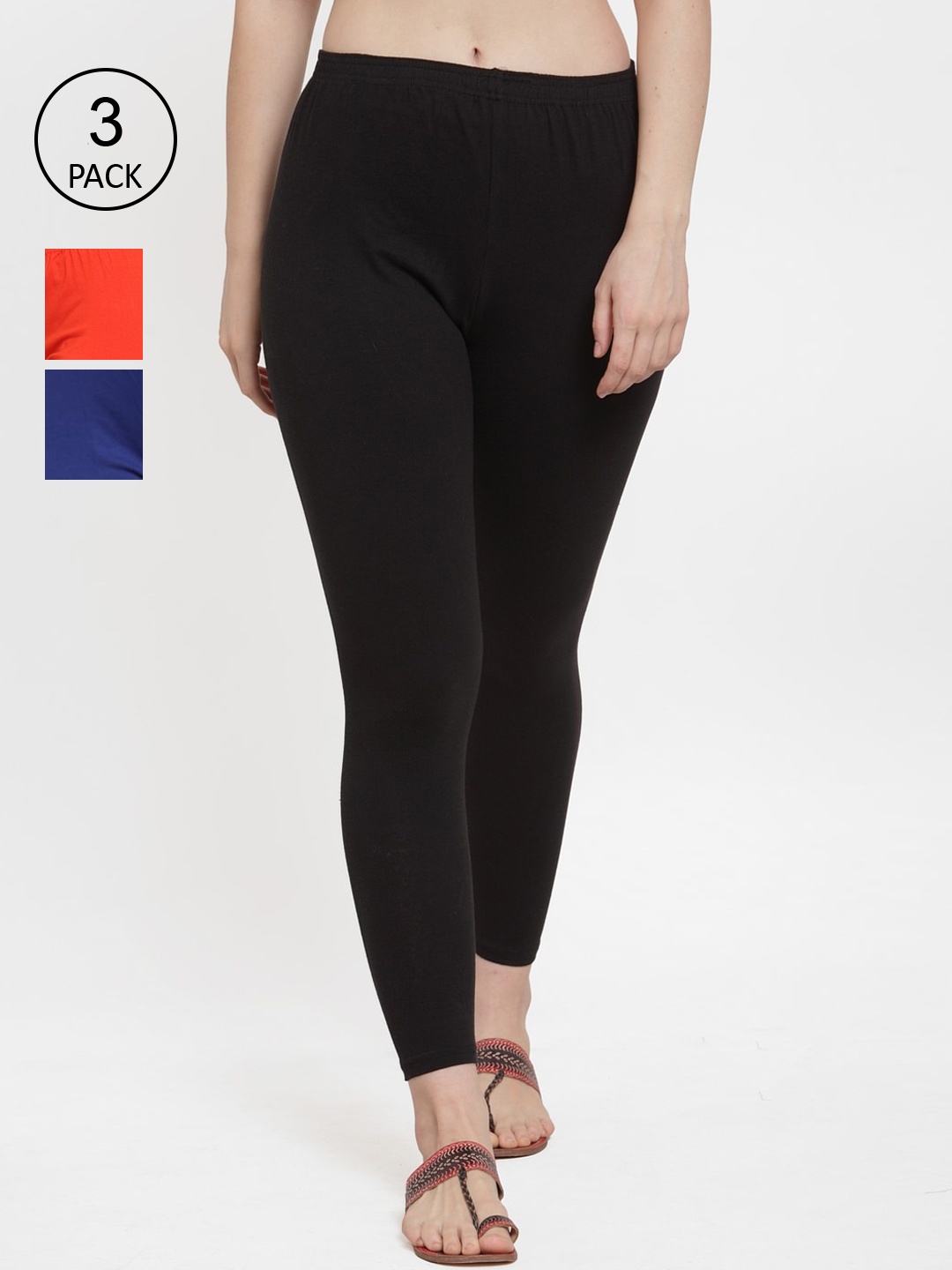 

Jinfo Women Pack Of 3 Solid Black ,Orange & blue Ankle-Length Leggings
