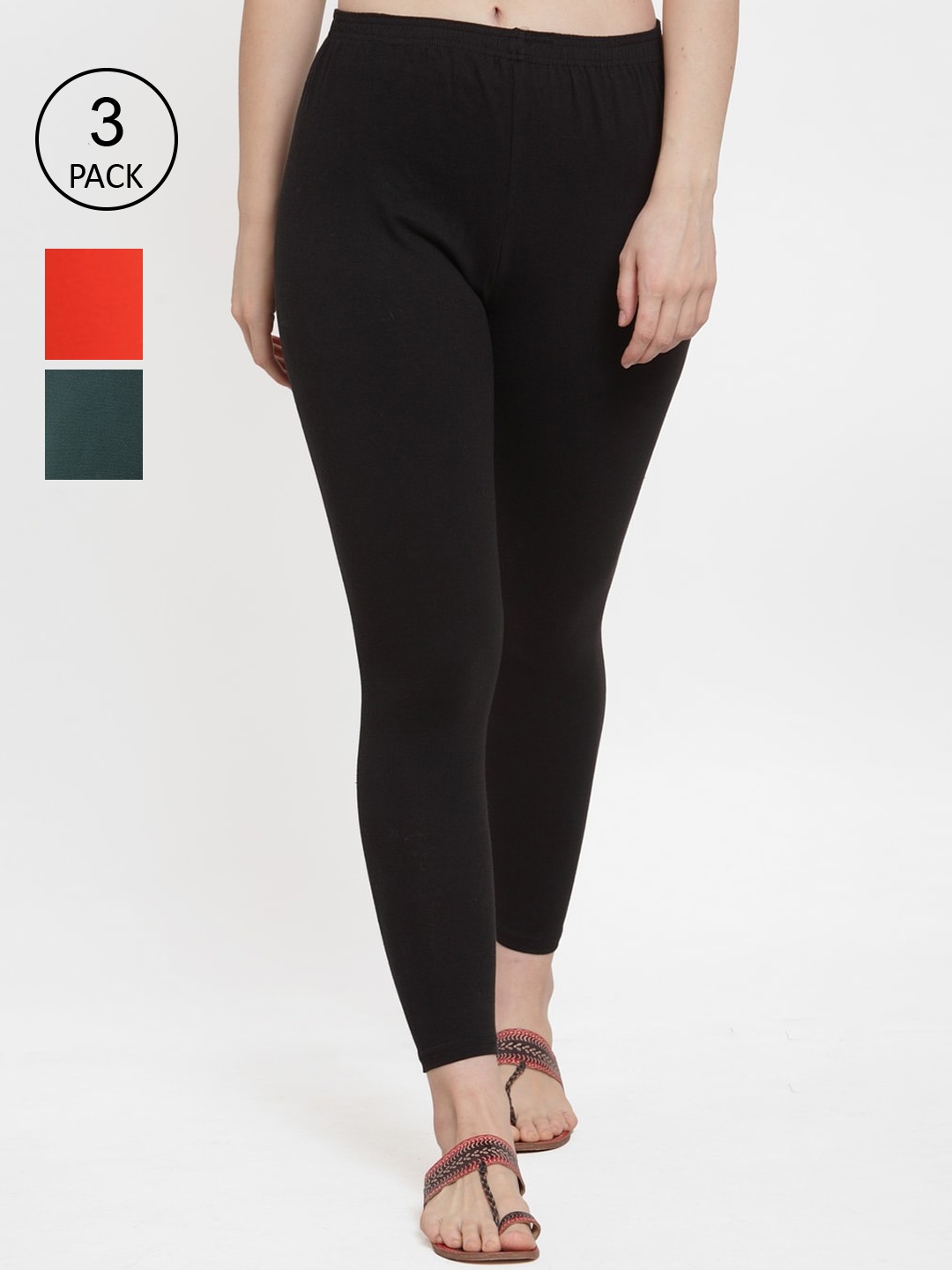 

Jinfo Women Pack of 3 Black & Orange Solid Ankle-Length Leggings