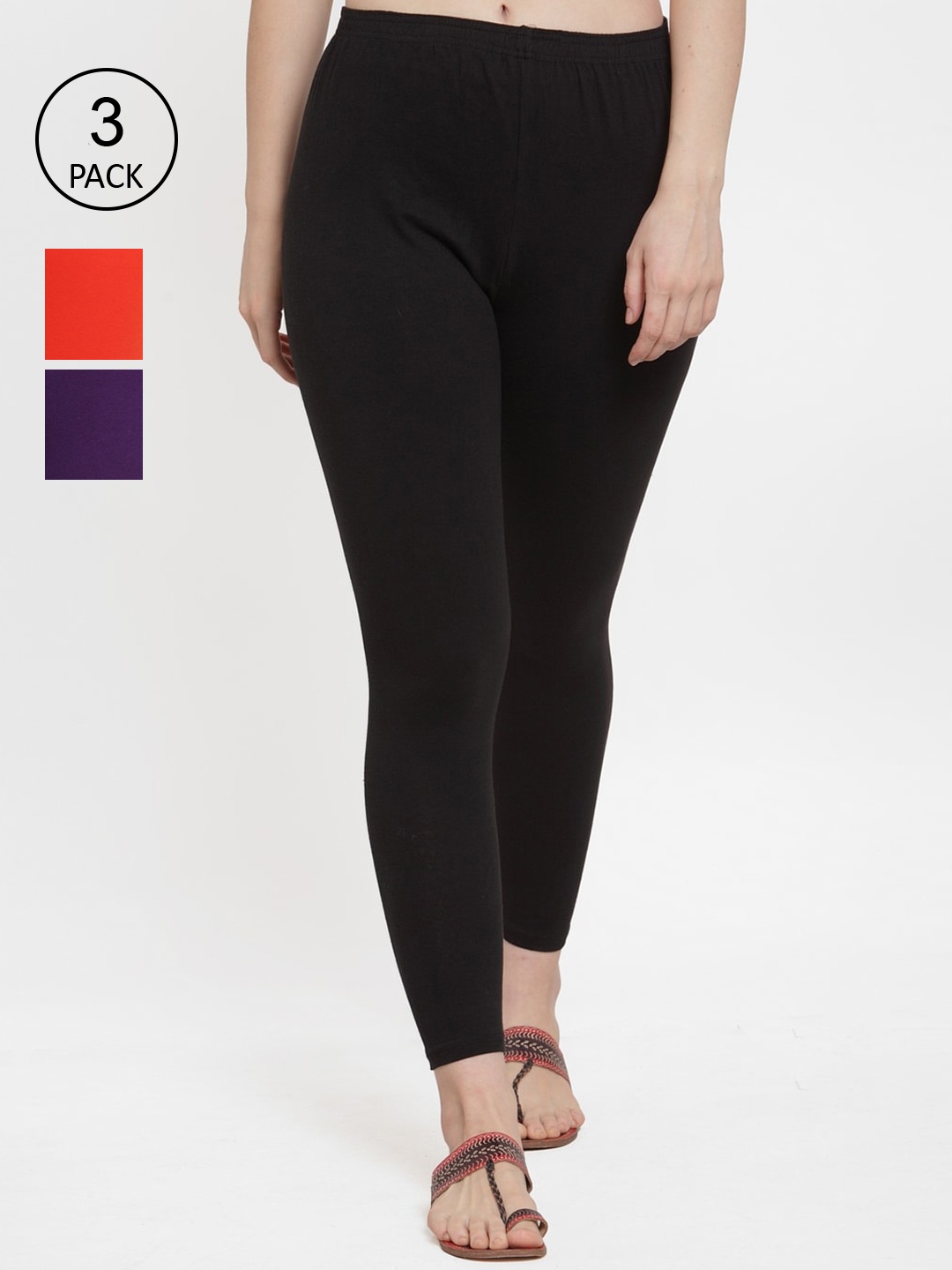 

Jinfo Women Pack Of 3 Black & Purple Solid Ankle Length Leggings
