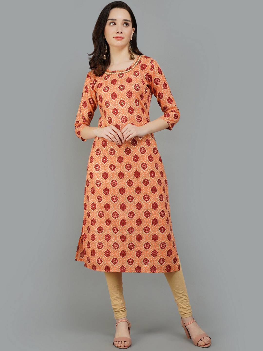 

ADAA JAIPUR Women Peach-Coloured & Maroon Ethnic Motifs Printed Kurta