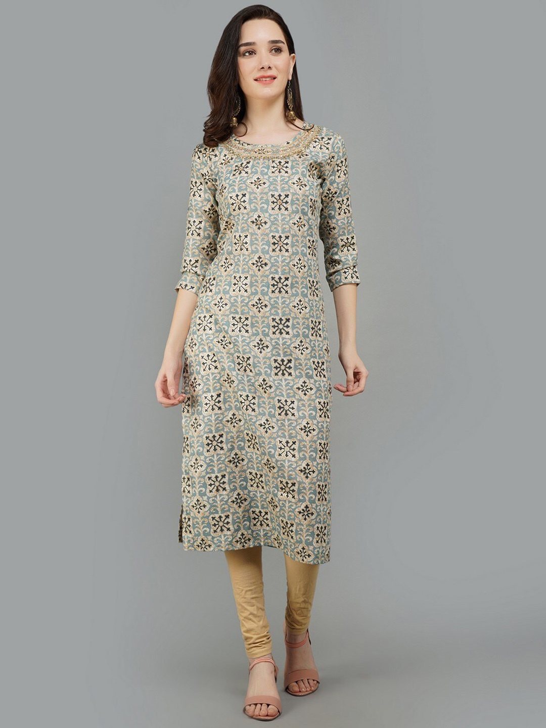 

ADAA JAIPUR Women Green Printed & Embroidered Kurta