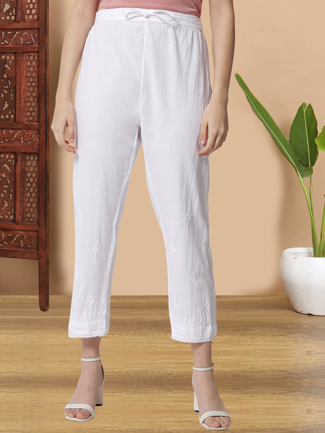 

PARAMOUNT CHIKAN Embroidered Chikankari Cotton Sustainable Palazzos, White