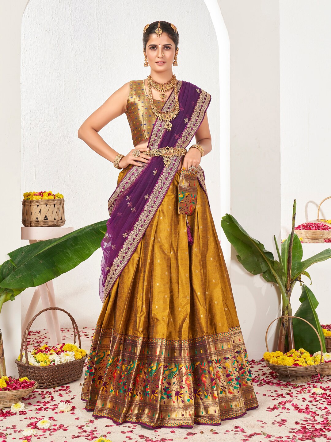 

SHOPGARB Mustard & Purple Semi-Stitched Lehenga & Unstitched Blouse With Dupatta