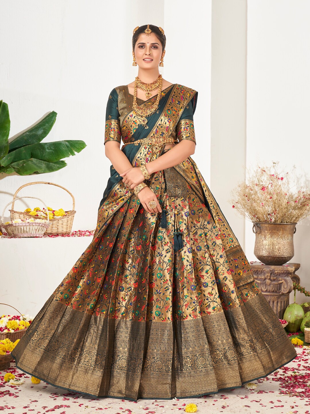 

SHOPGARB Gold-Toned & Green Semi-Stitched Lehenga & Unstitched Blouse With Dupatta
