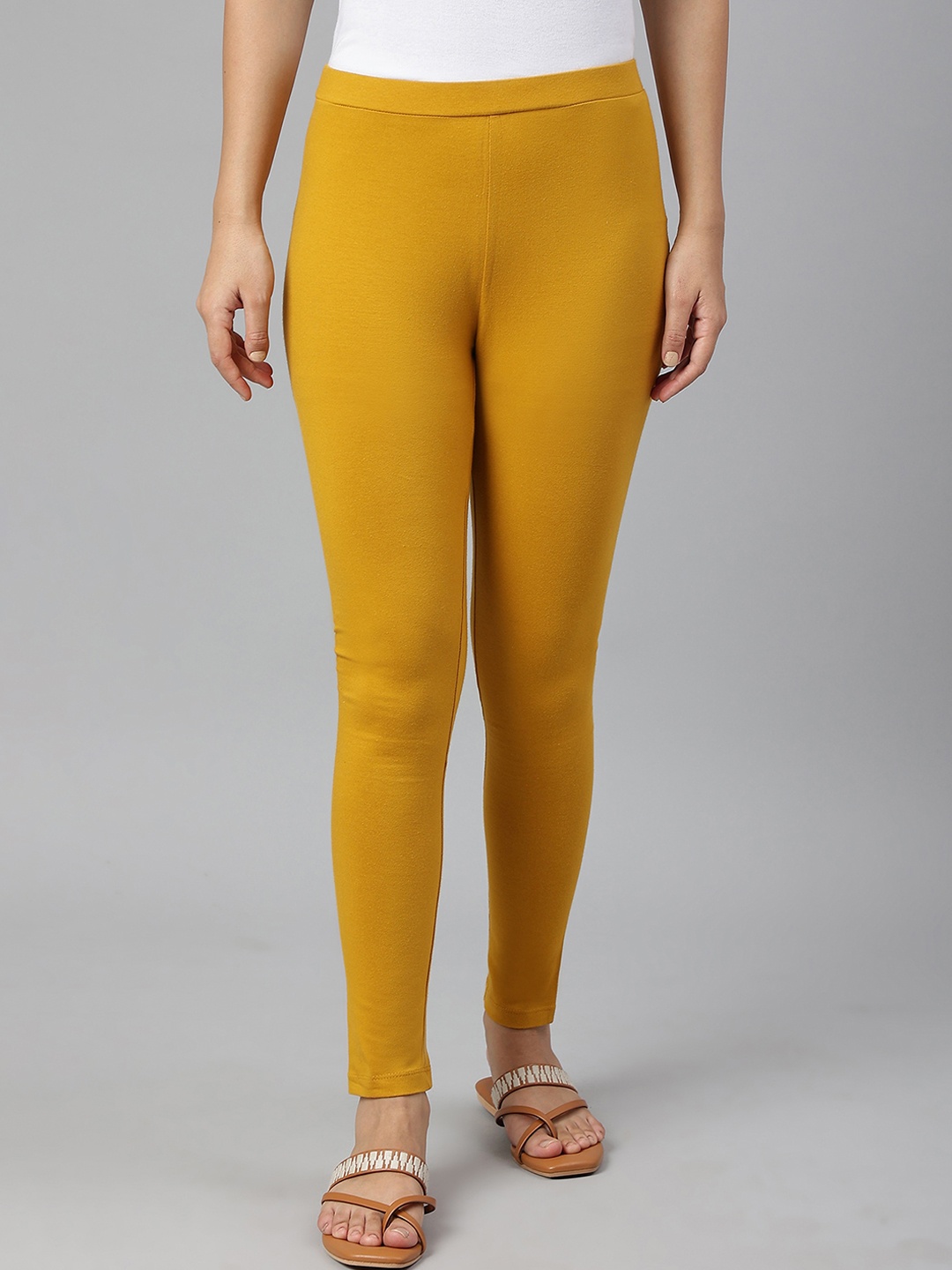 

W Women Mustard Solid Ankle Length Leggings, Yellow