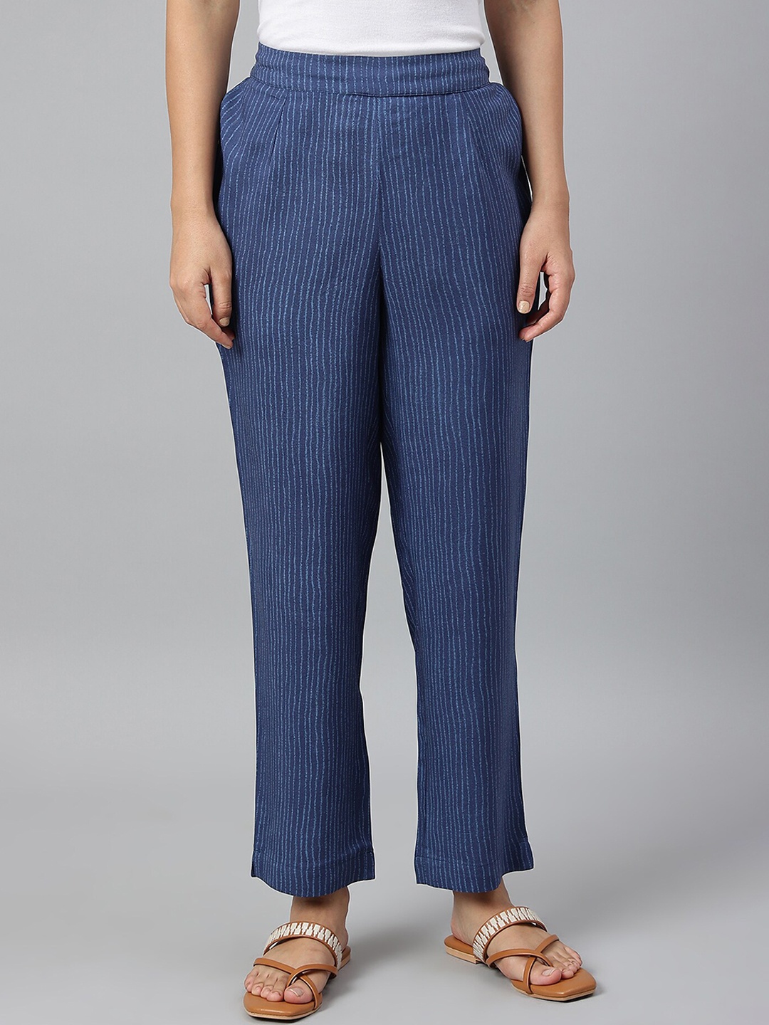 

W Women Blue Stripe Print Straight Pants
