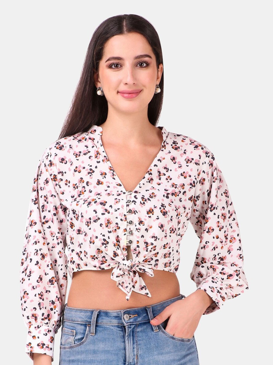 

MESMORA FASHION Off White Floral Print Crop Top