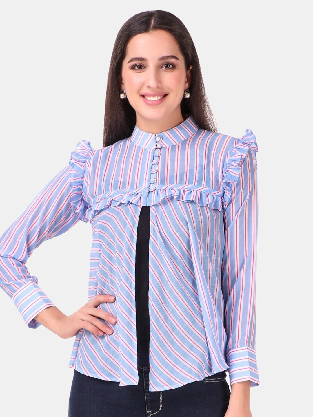

MESMORA FASHION Blue Striped Mandarin Collar Ruffles Shirt Style Top