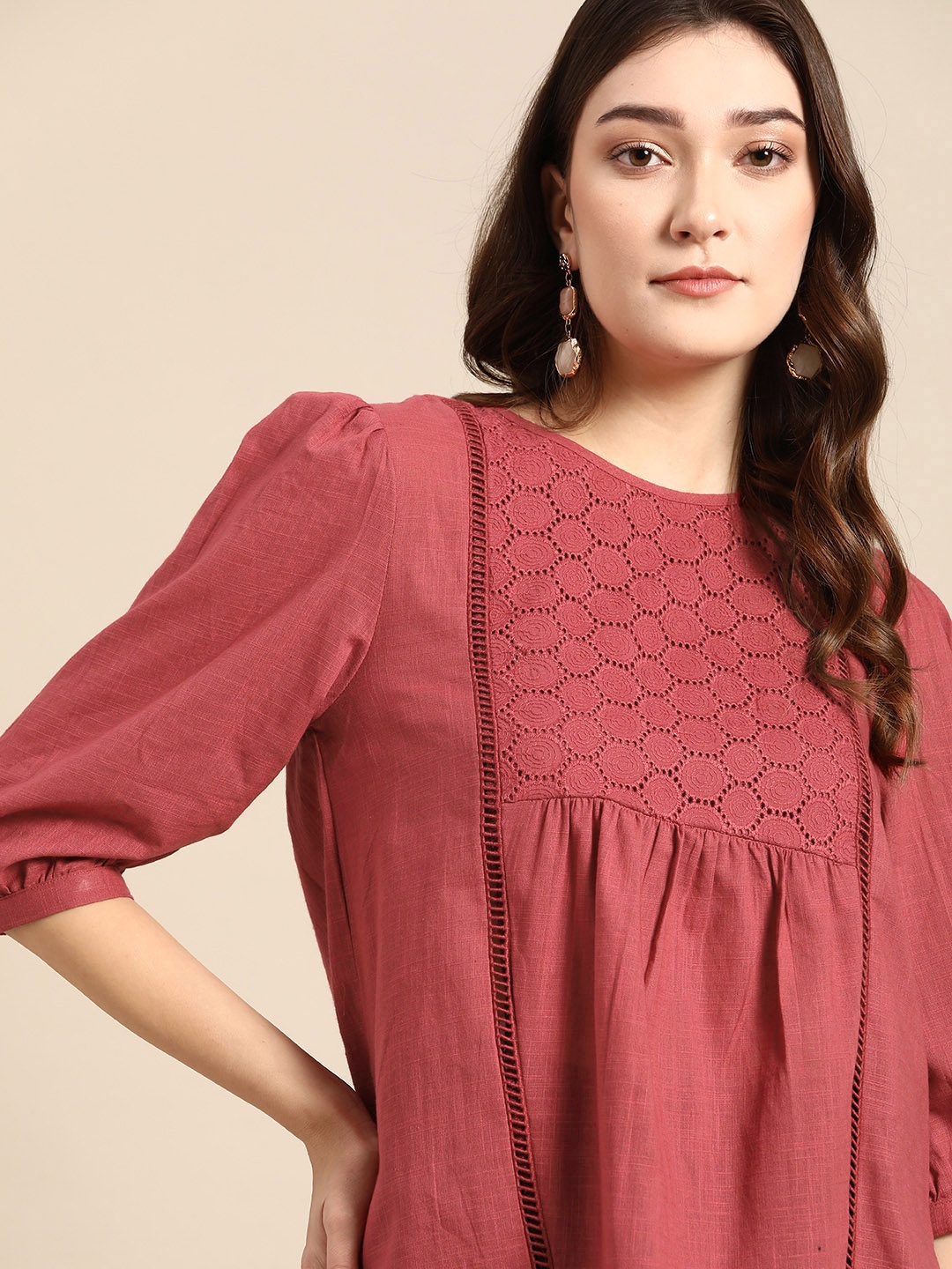 

all about you Cotton Schiffli Embroidered Top, Rust