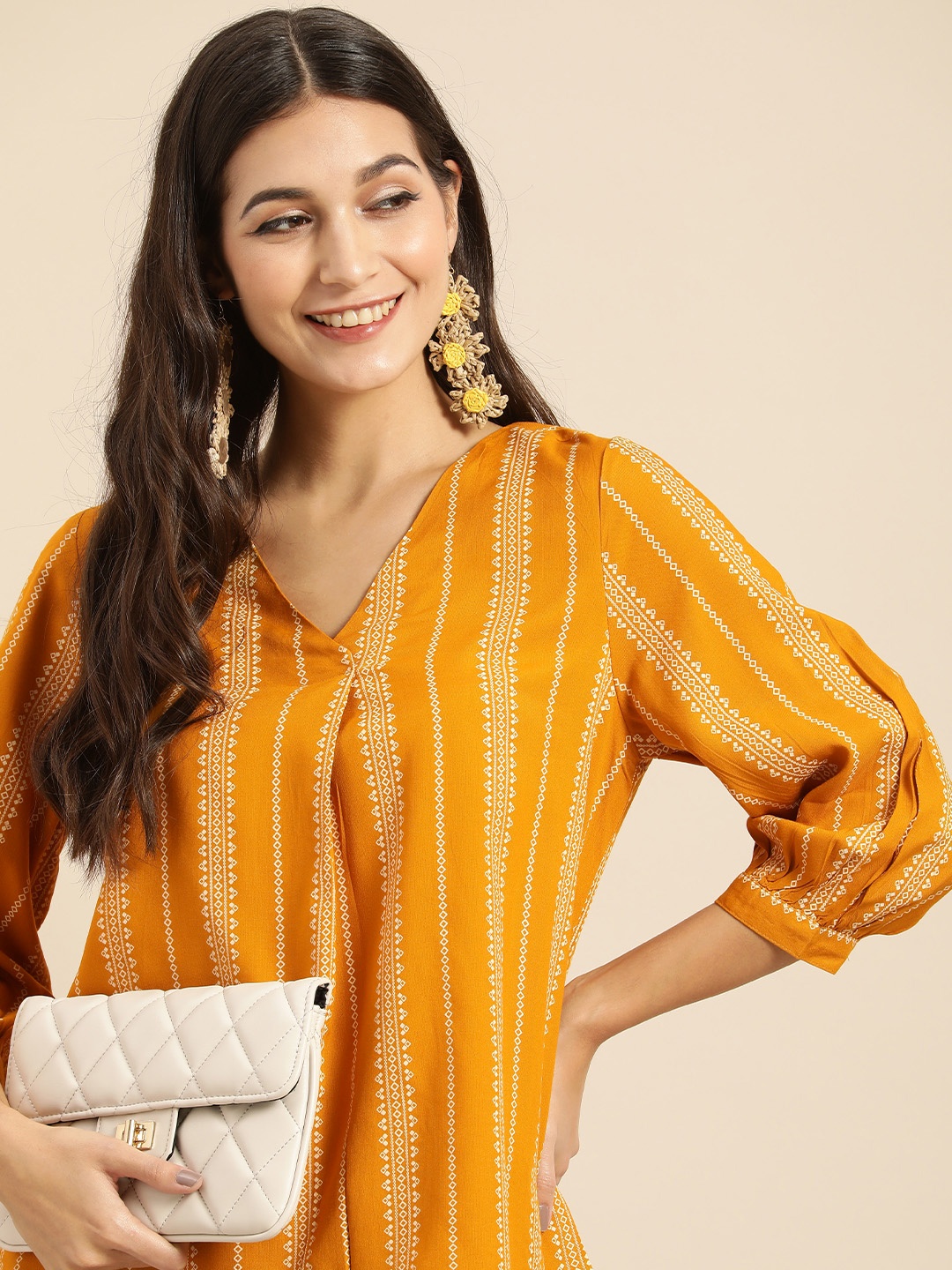 

all about you Women V-Neck Vertical Striped A-Line Ethnic Top, Mustard