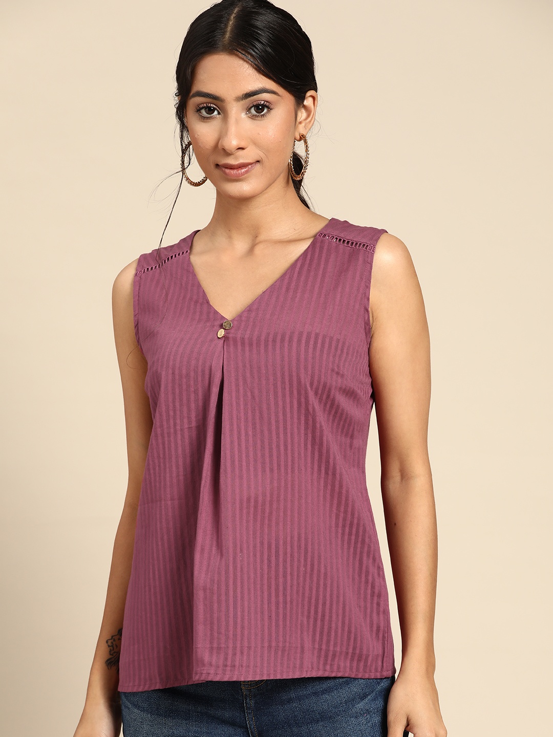 

all about you Women Purple Self Striped Pure Cotton Top