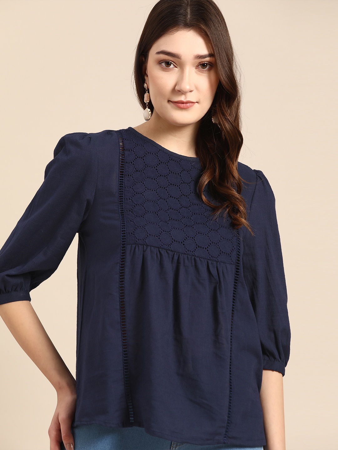 

all about you Pure Cotton Schiffli Embroidered Top, Navy blue