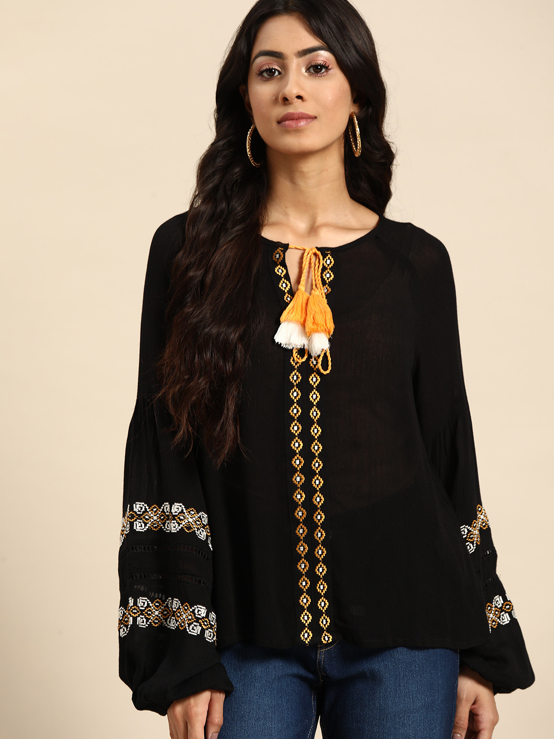 

all about you Black Embroidered Tie-Up Neck Top