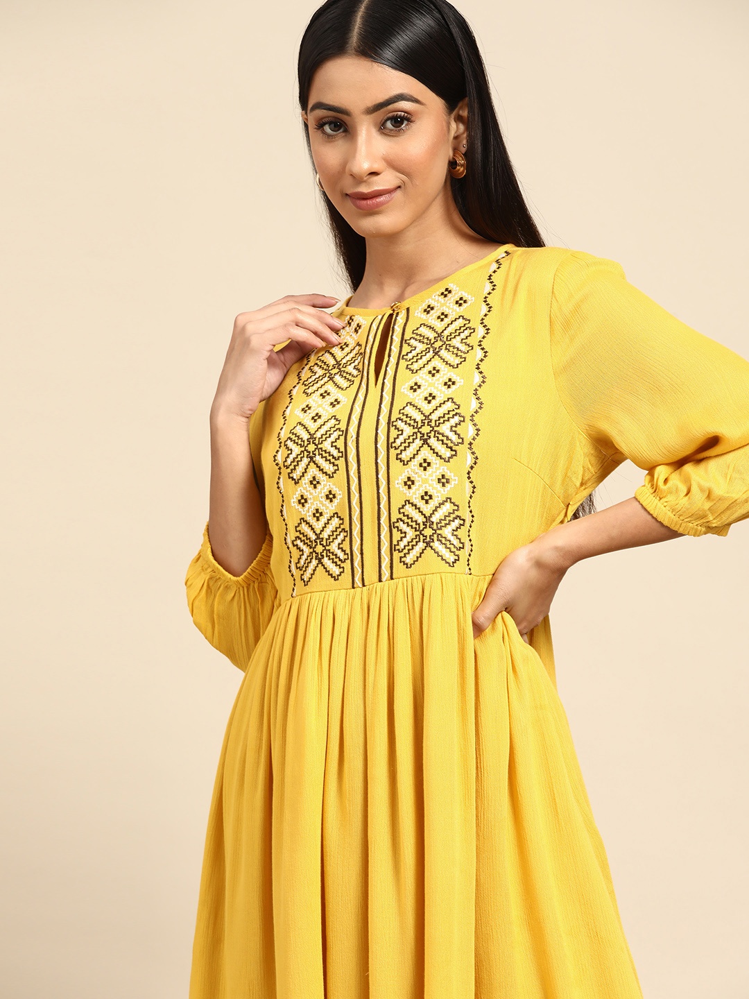 

all about you Yellow & White Ethnic Motifs Embroidered Keyhole Neck A-Line Midi Dress