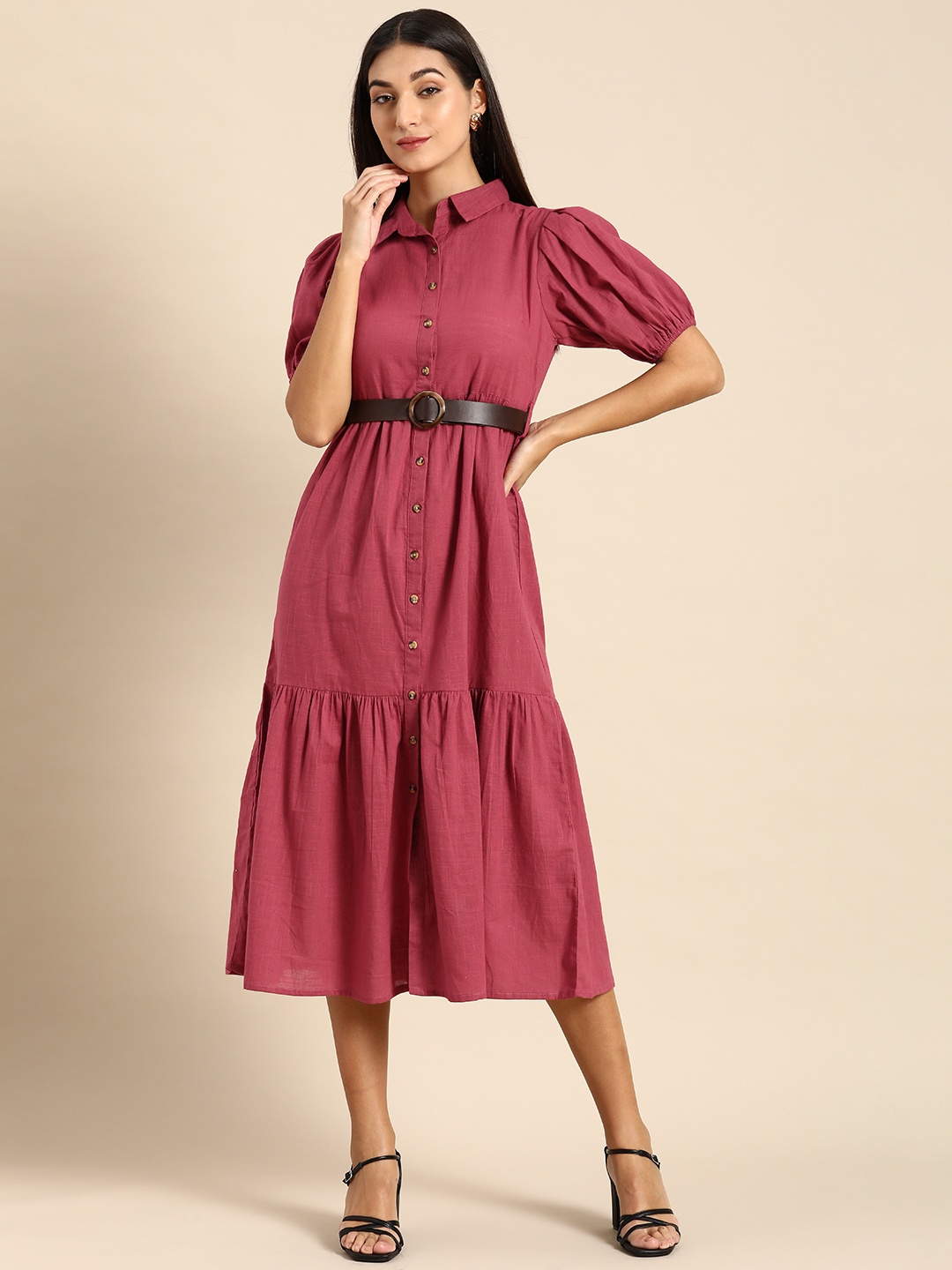 

all about you Women Mauve Pink A-Line Pure Cotton Shirt Midi Dress