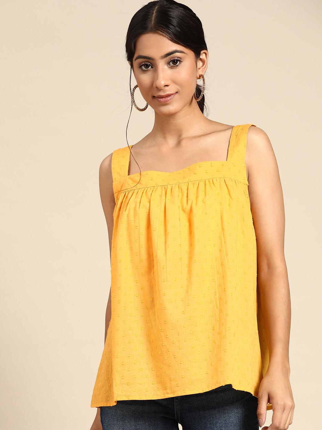 

all about you Women Mustard Yellow Dobby Weave Pure Cotton Top