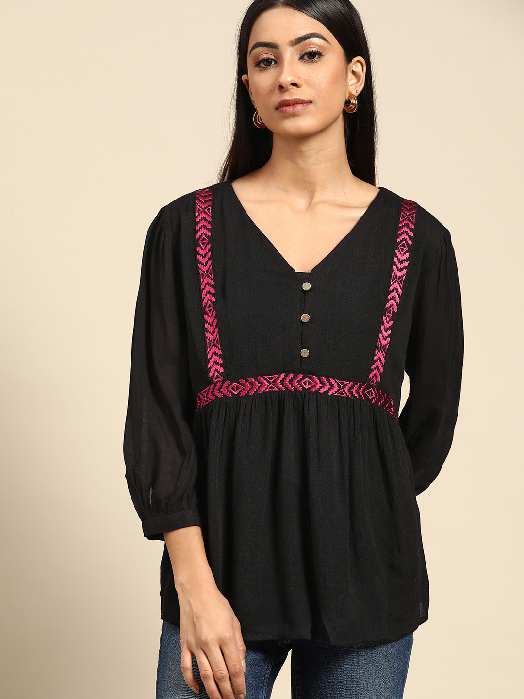 

Routes by All About You Black & Pink Geometric Embroidered Top