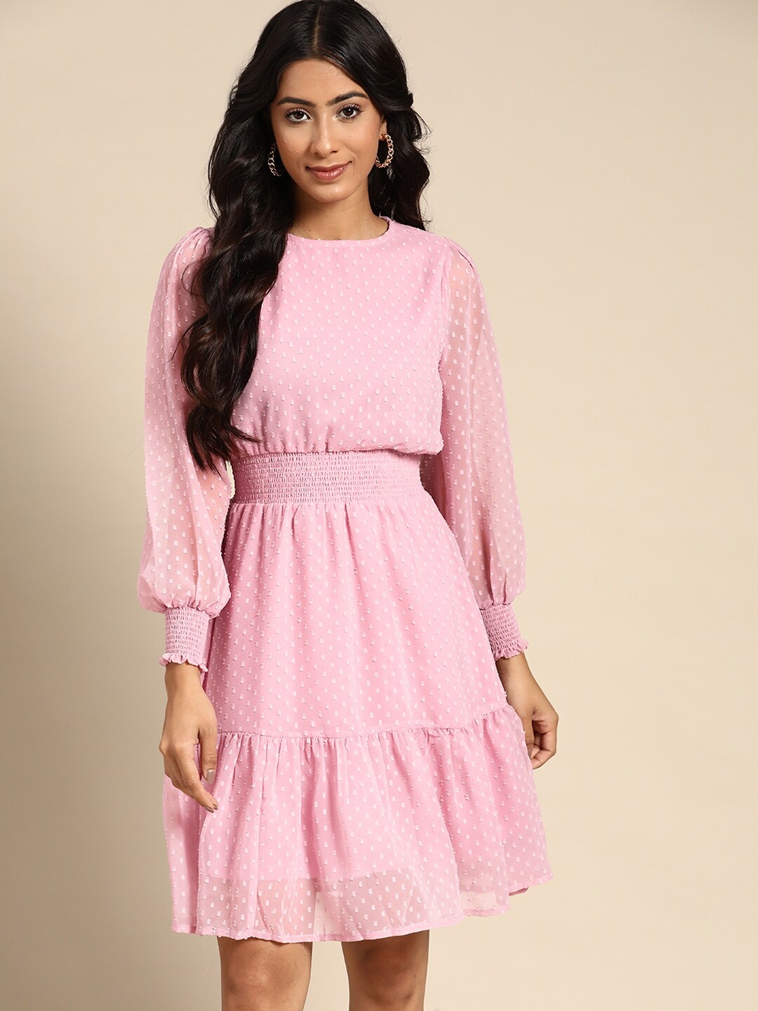 

all about you Pink Dobby Weave Cinched Waist A- Line Dress