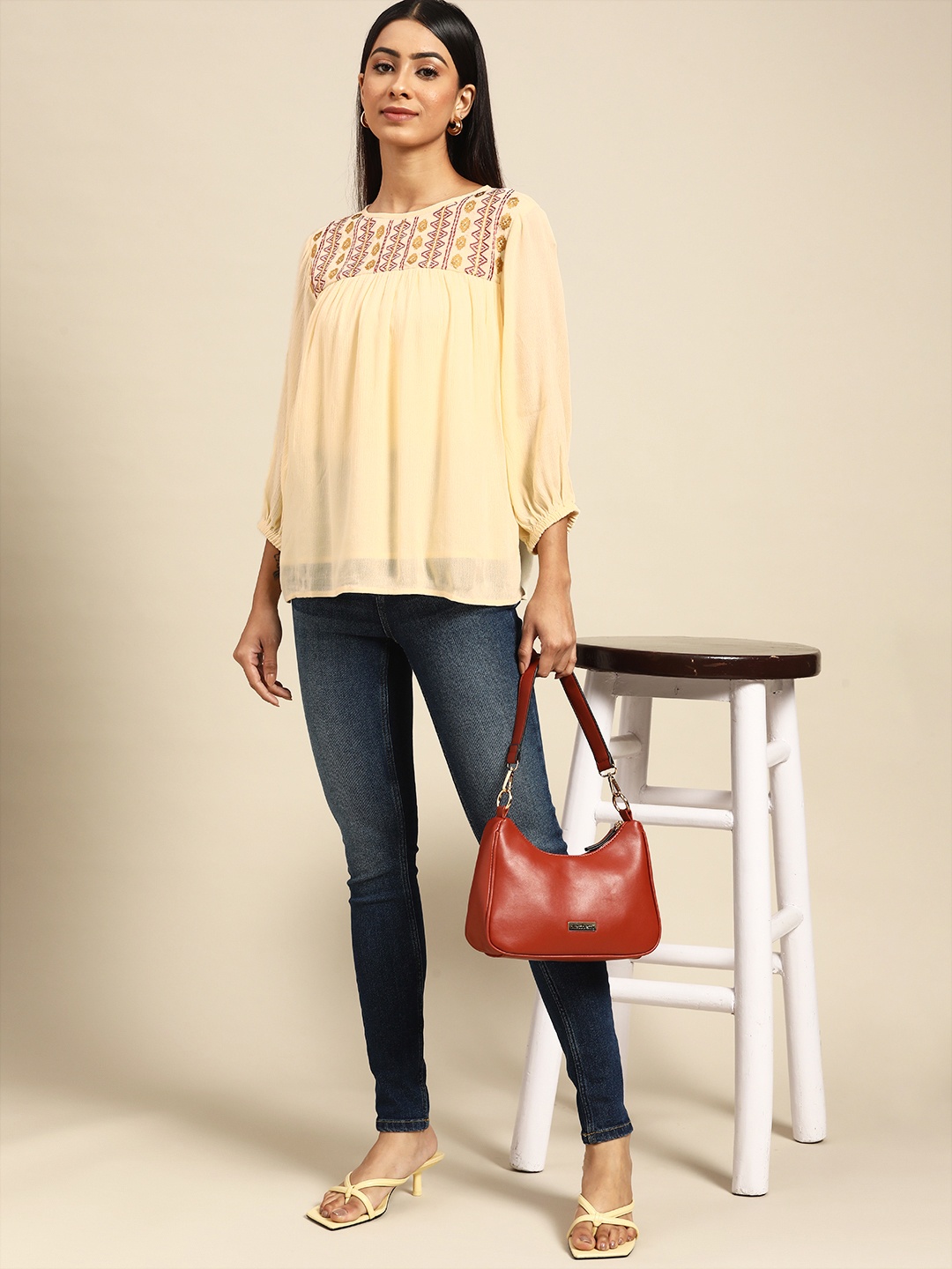 

all about you Cream-Coloured & Maroon Geometric Embroidered Top