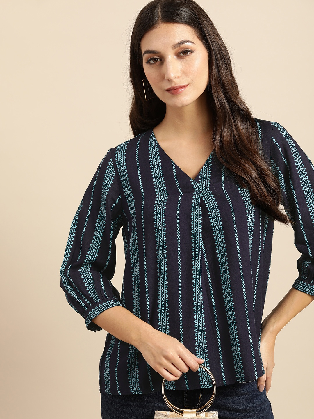 

all about you Women V-Neck Vertical Striped A-Line Ethnic Top, Navy blue