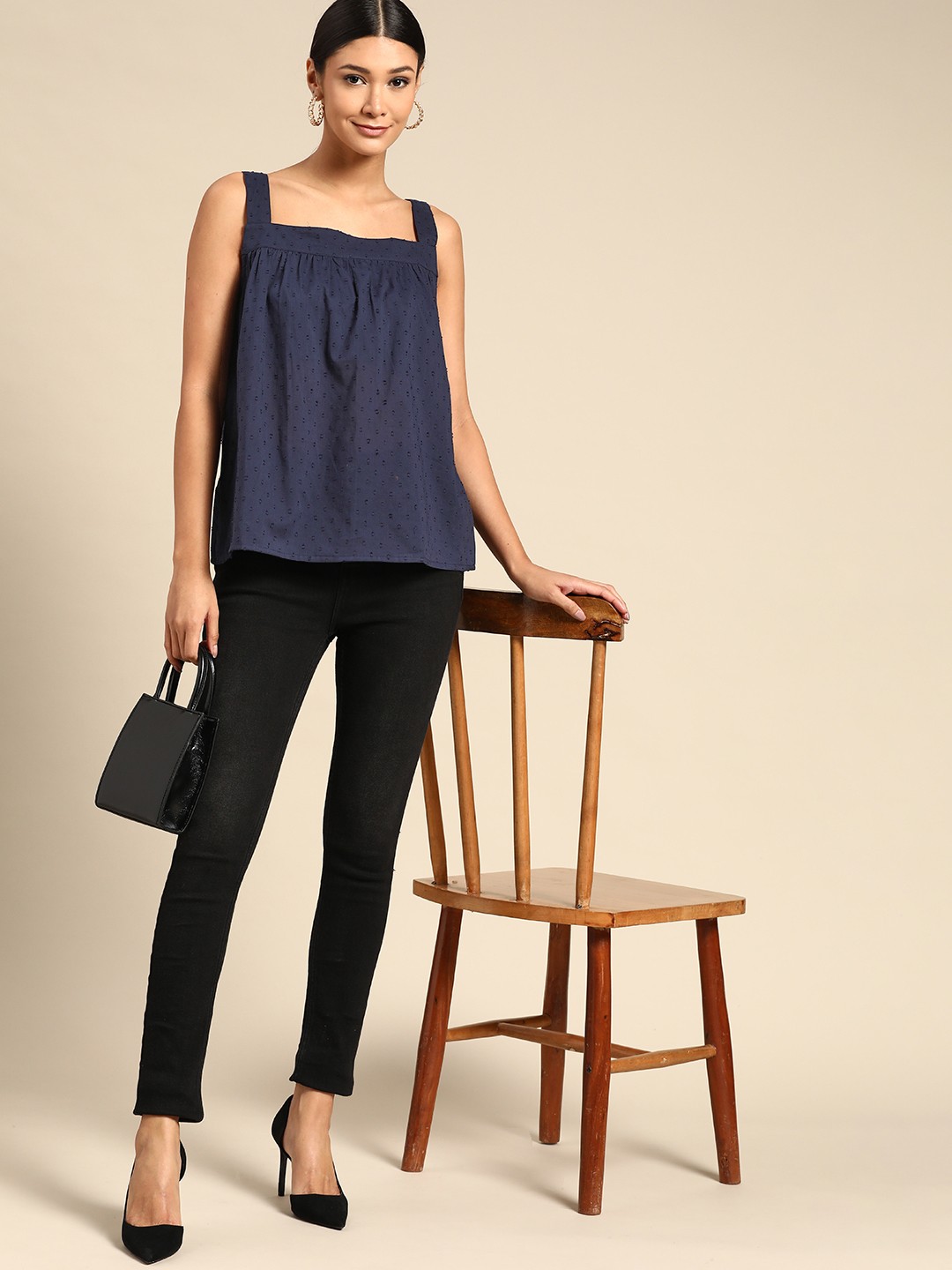 

all about you Women Navy Blue Dobby Weave Pure Cotton Top