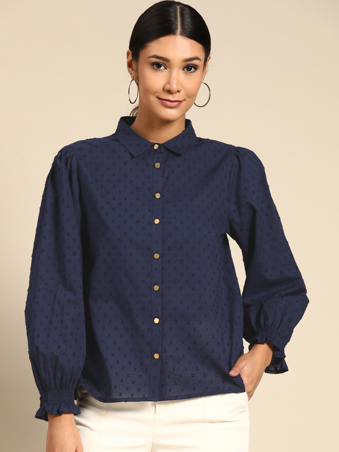 

all about you Women Navy Blue Pure Cotton Dobby Weave Casual Shirt