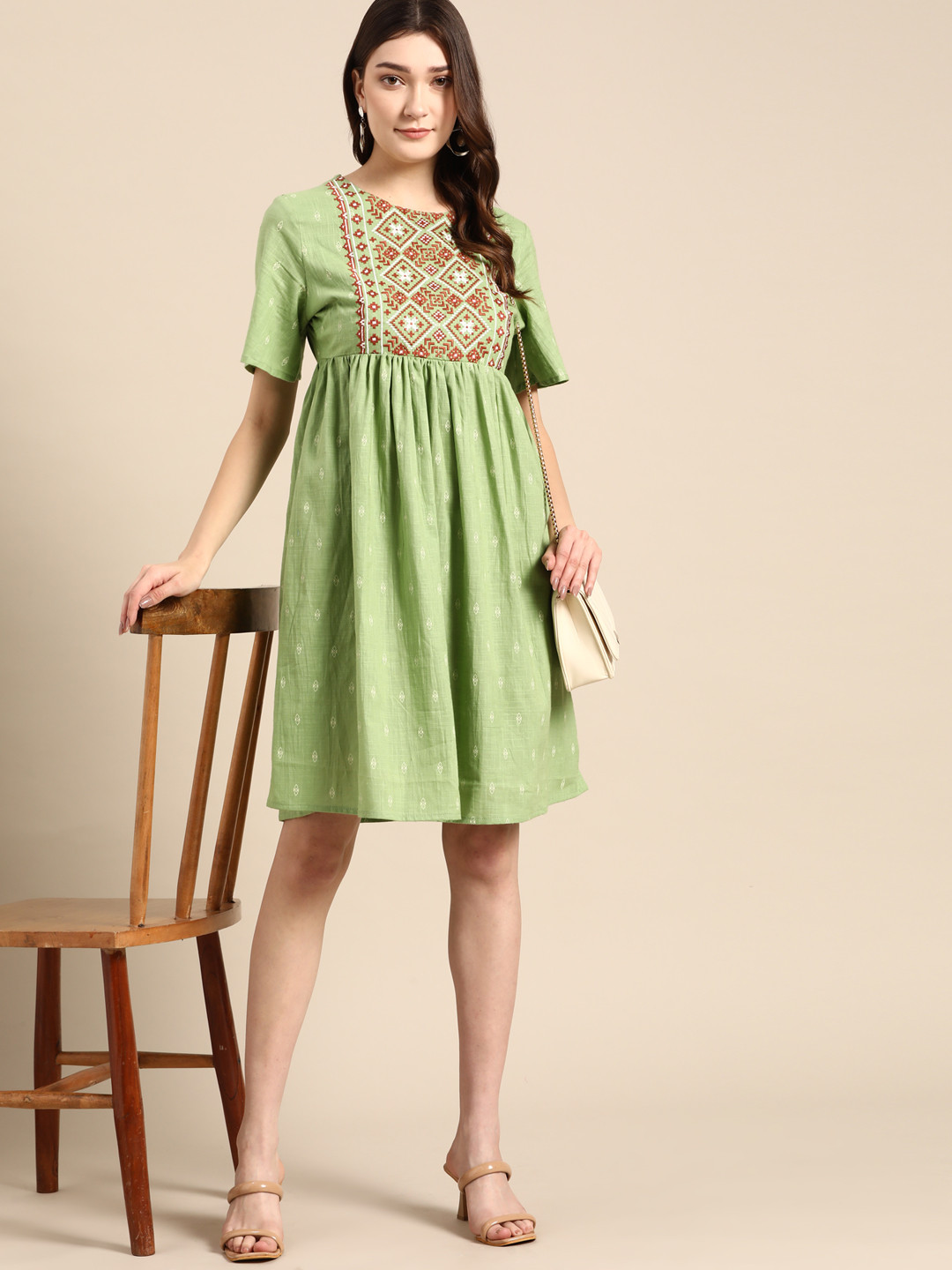 

all about you Ethnic Motifs Embroidered A-Line Dress, Green