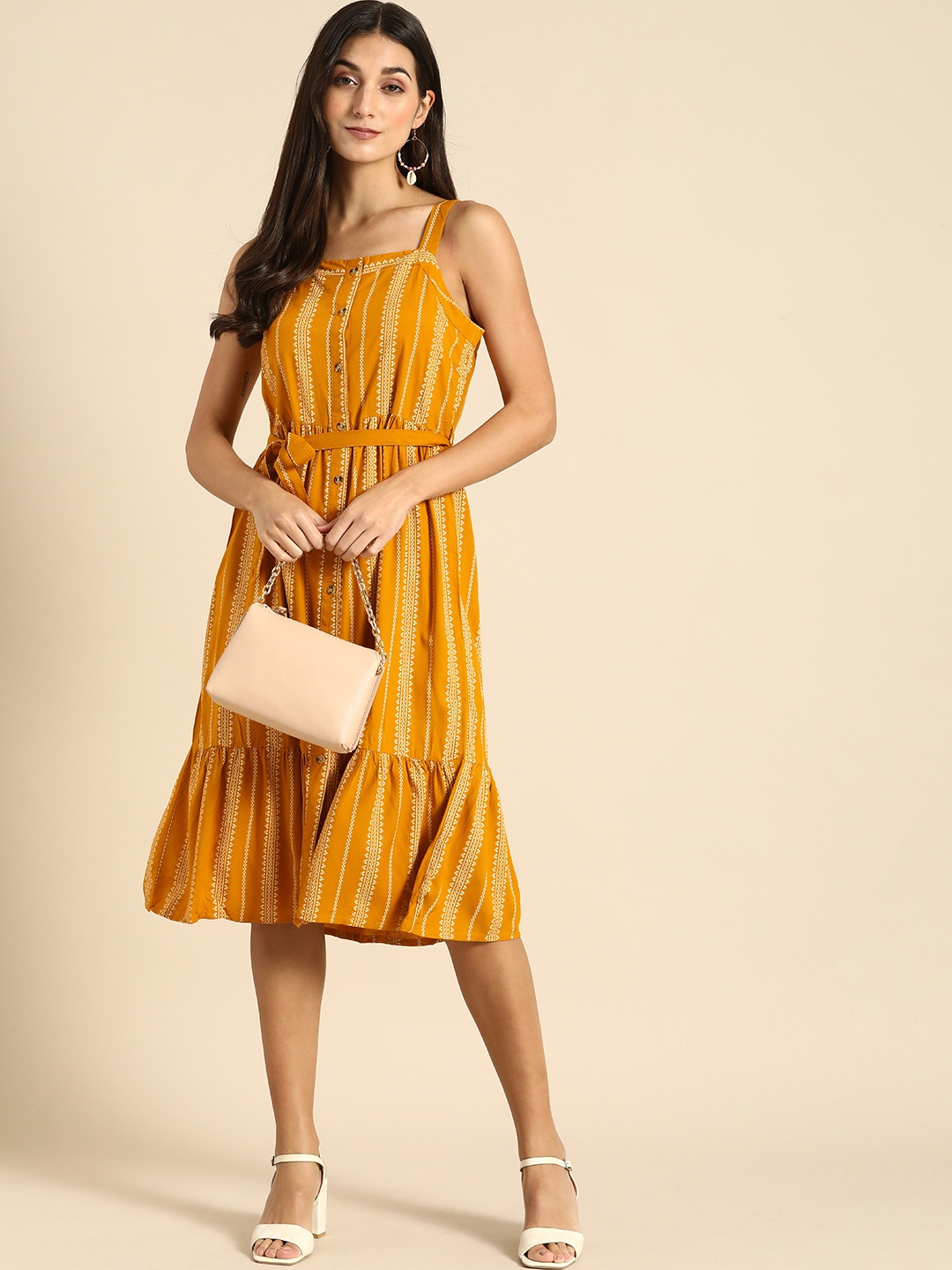 

all about you Mustard Yellow & White Tiered A-Line Midi Dress