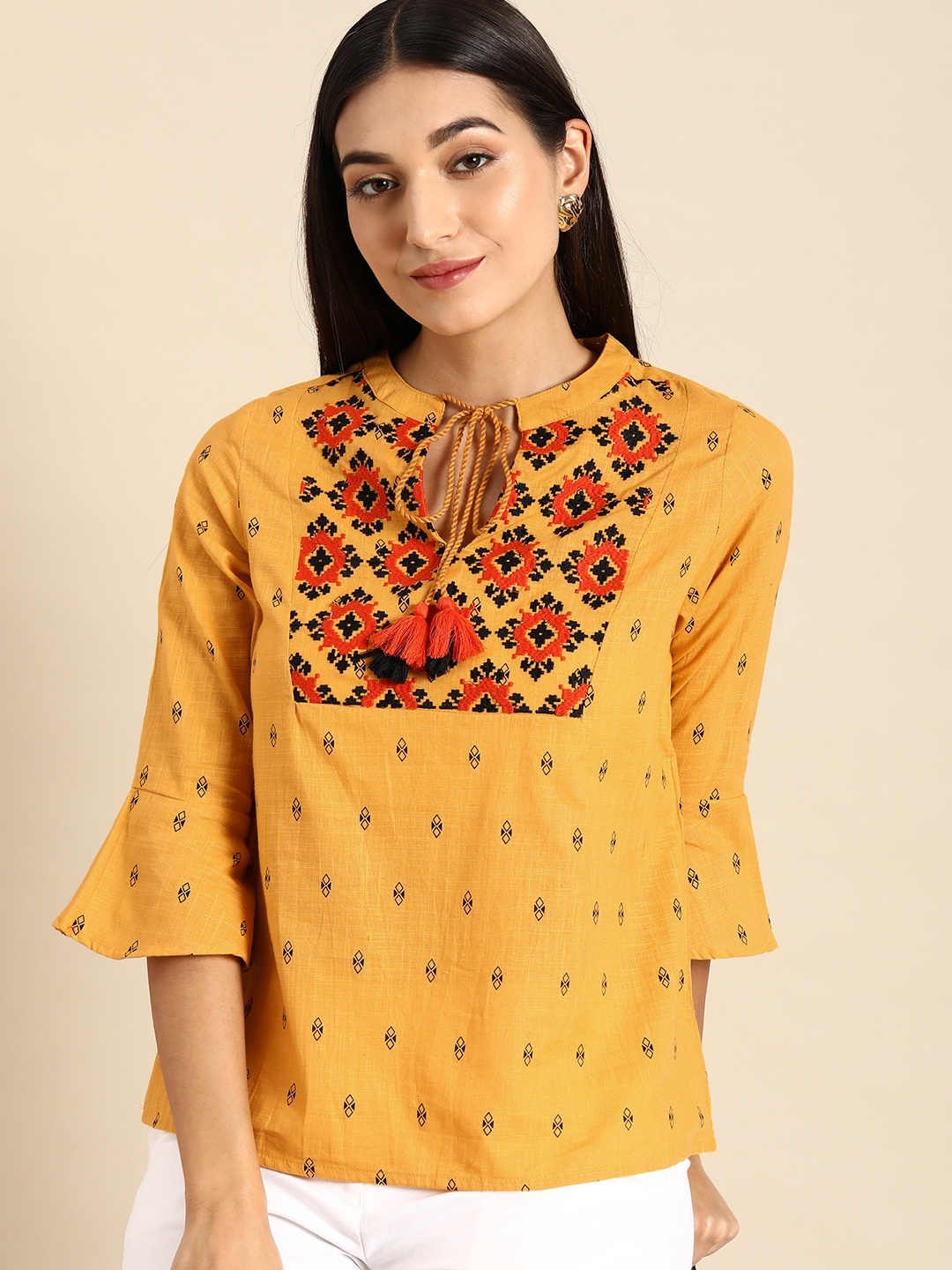 

all about you Women Mustard Yellow & Black Geometric Printed Tie-Up Neck Top