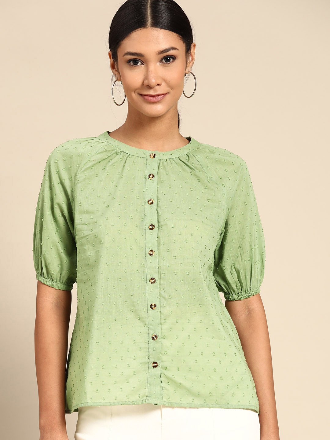 

all about you Women Green Dobby Weave Pure Cotton Shirt Style Top