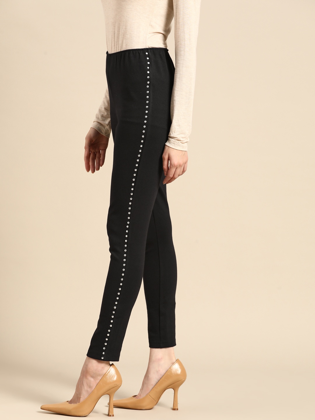 

all about you Women Black Solid Metallic Studs Jeggings