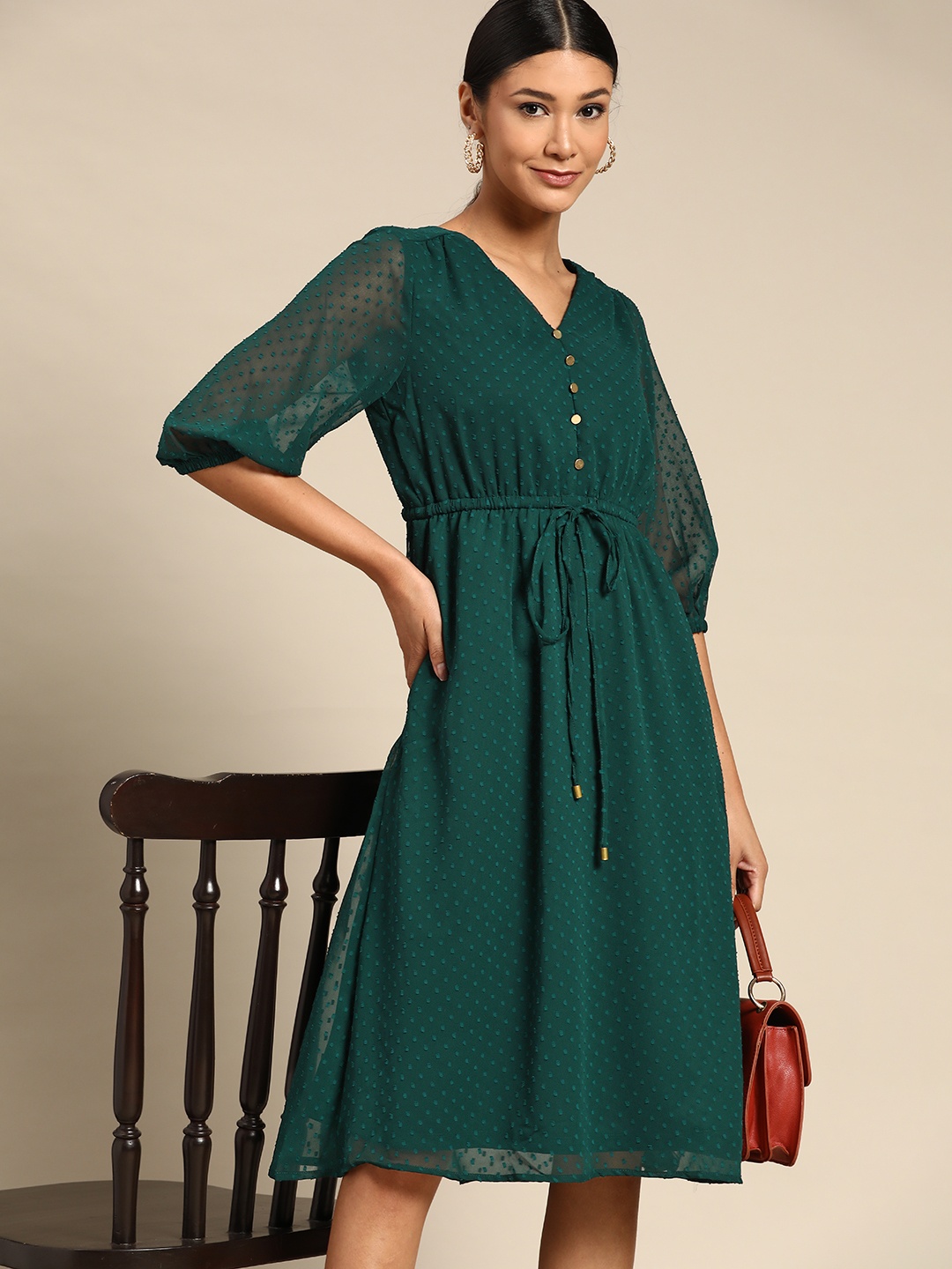 

all about you Bottle Green Dobby Weave A- Line Dress