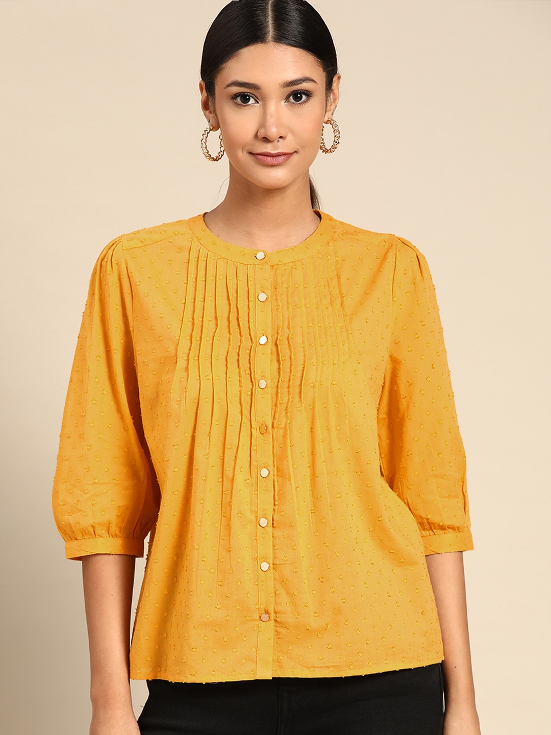 

all about you Women Mustard Yellow Dobby Weave Pure Cotton Shirt Style Top