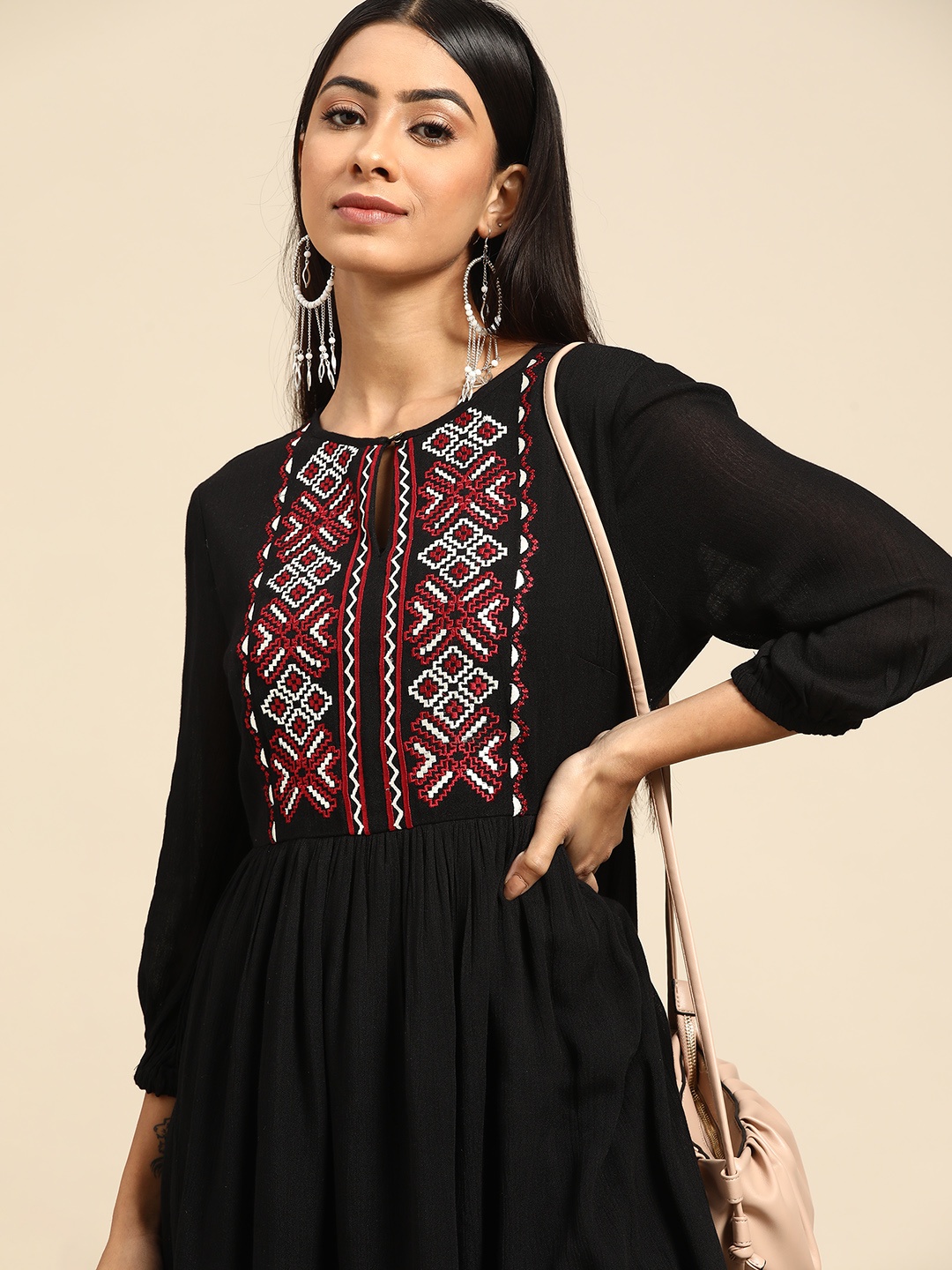 

all about you Black & Red Ethnic Motifs Embroidered Keyhole Neck A-Line Midi Dress