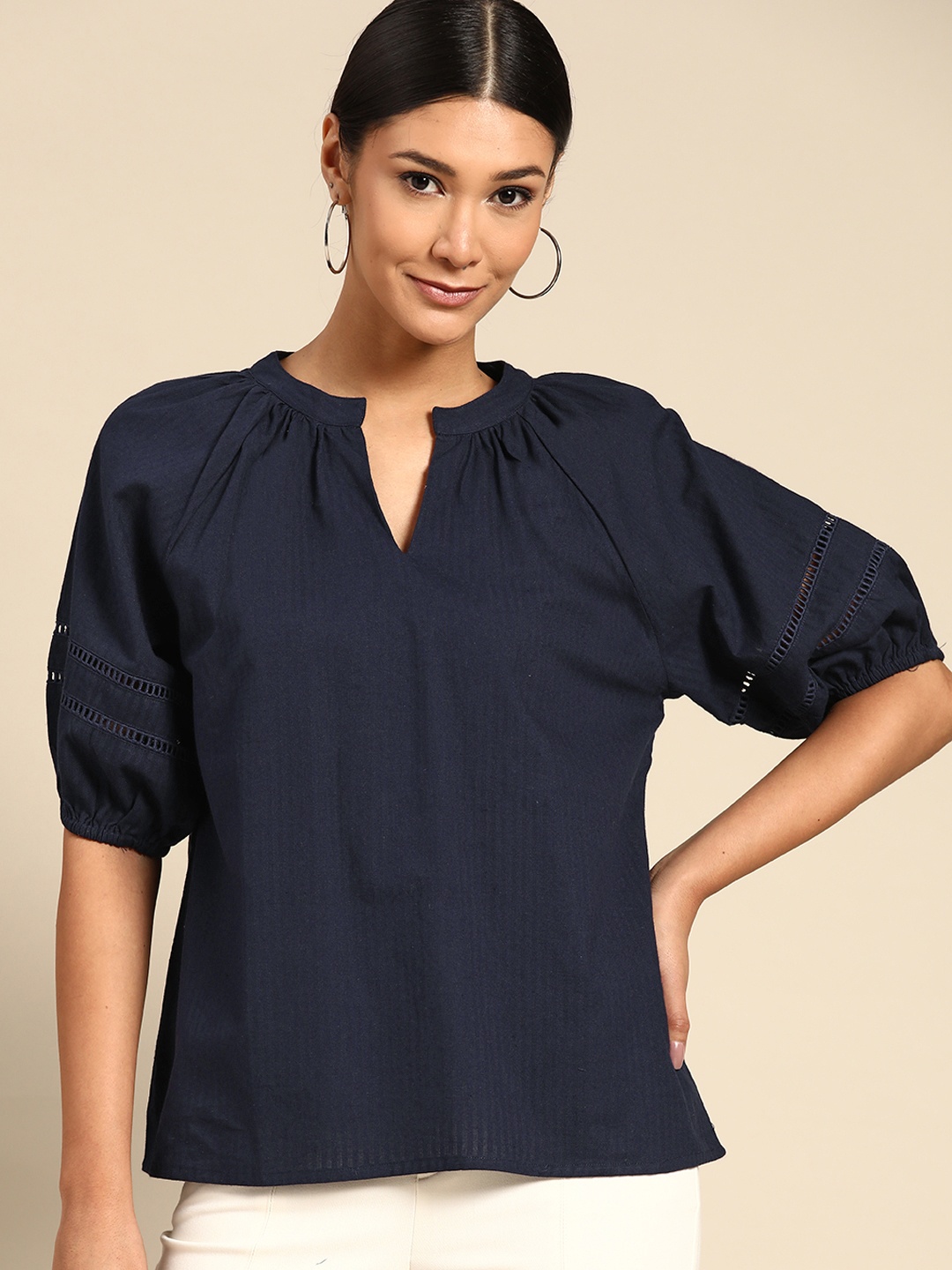 

all about you Navy Blue Pure Cotton Self Striped Lace Insert Detail Top