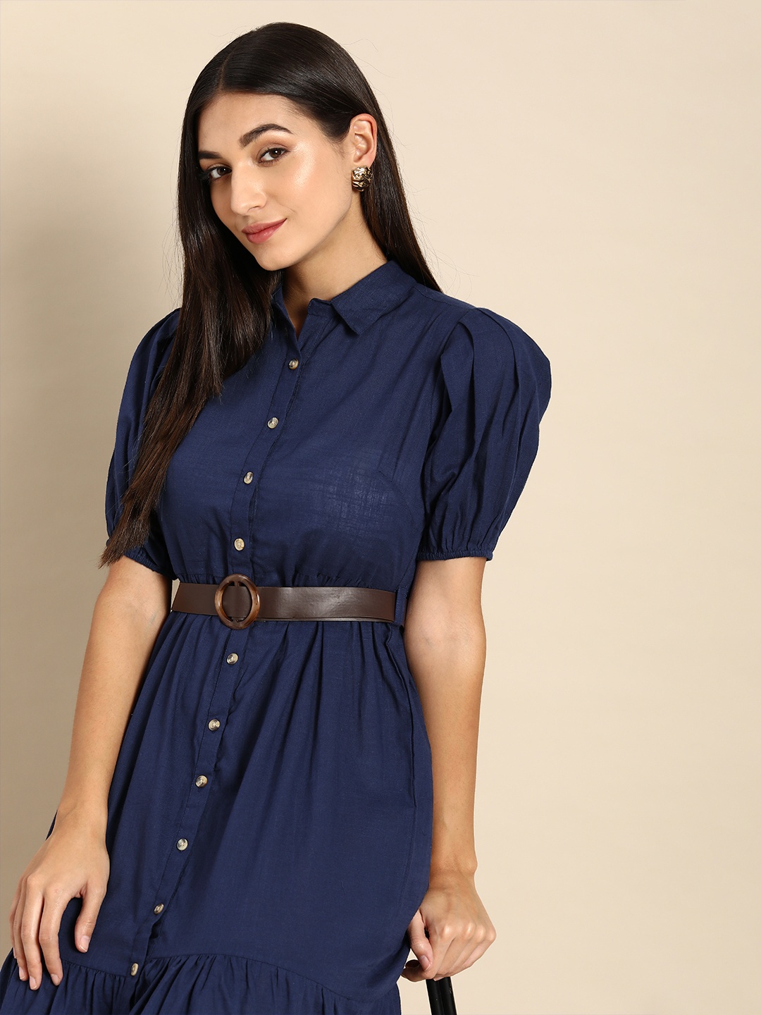 

all about you Women Navy Blue A-Line Pure Cotton Shirt Collar Midi Dress