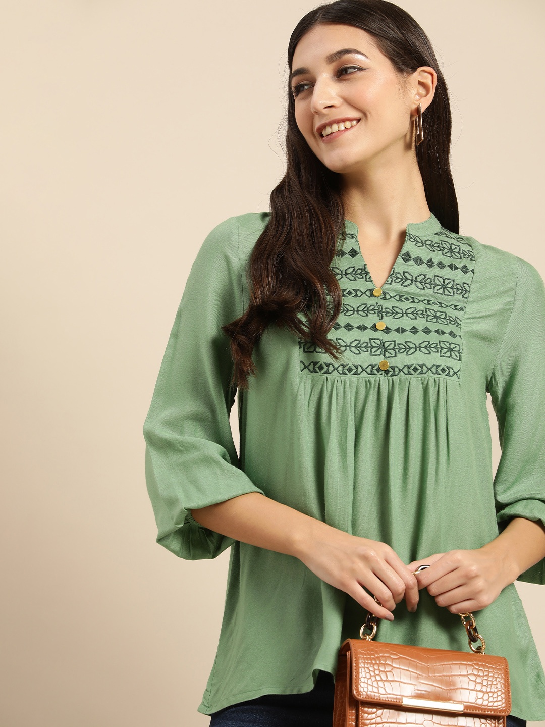 

all about you Women V-Neck Ethnic Motifs Embroidered A-Line Top, Green